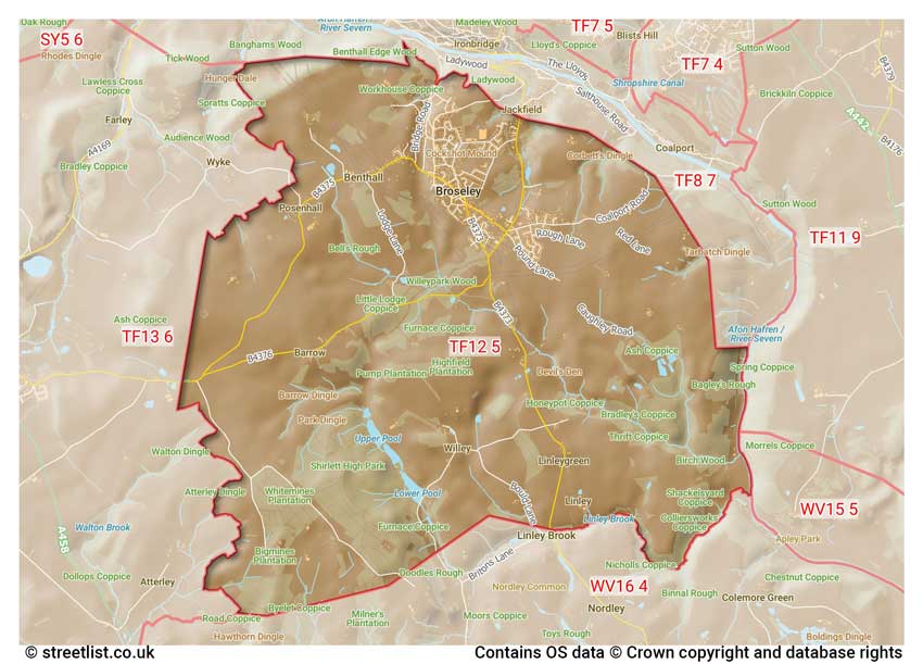 map showing postcode sectors within the TF12 district