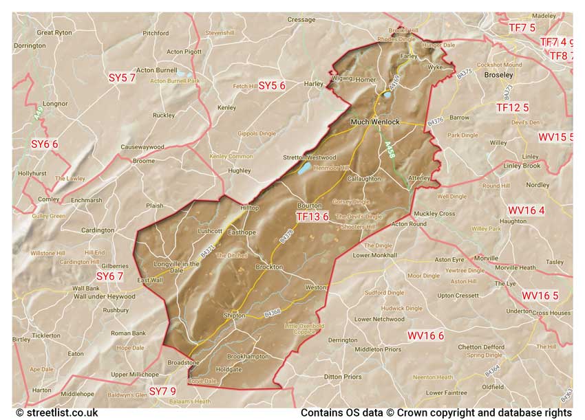 map showing postcode sectors within the TF13 district