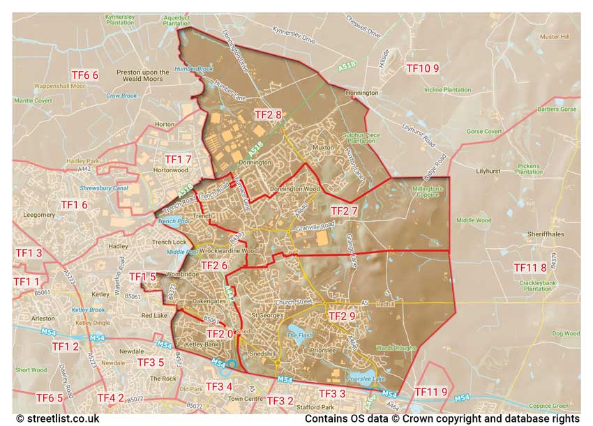 map showing postcode sectors within the TF2 district