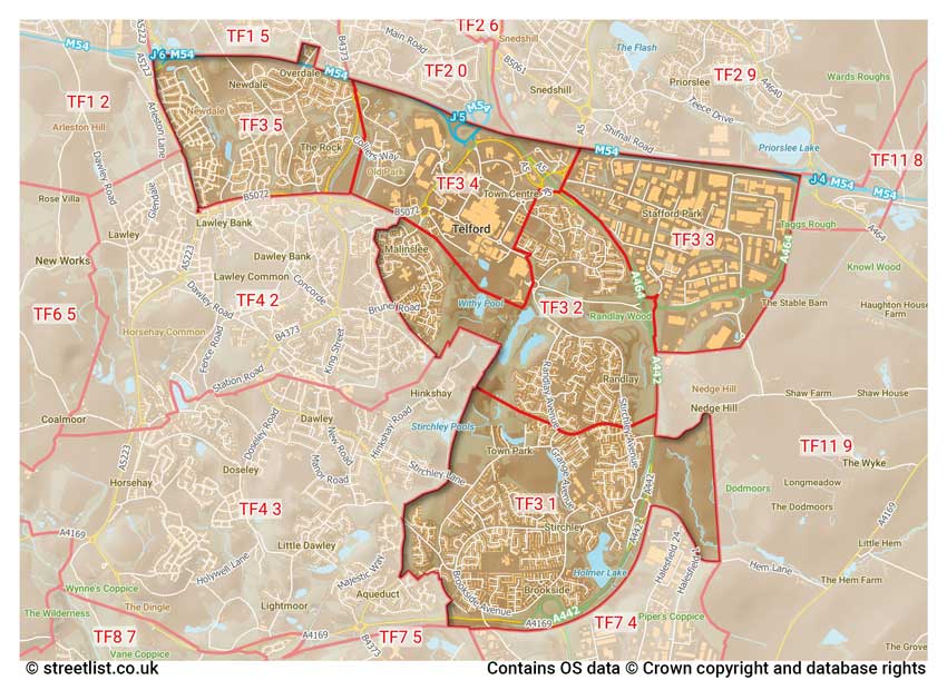 map showing postcode sectors within the TF3 district