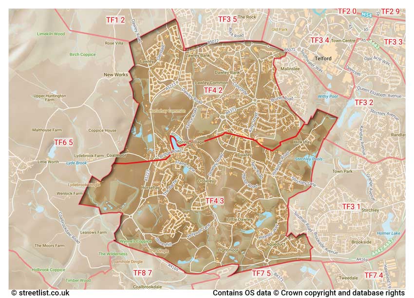 map showing postcode sectors within the TF4 district