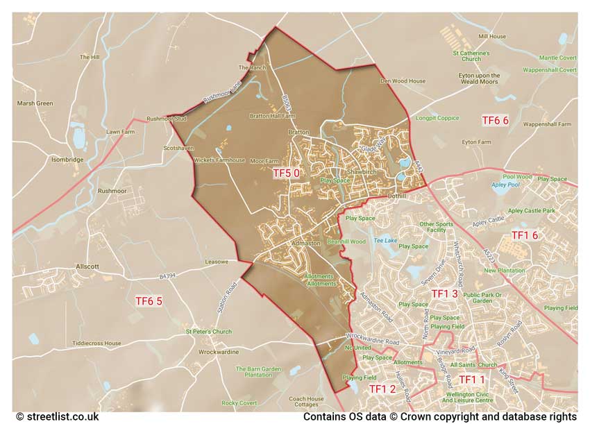 map showing postcode sectors within the TF5 district