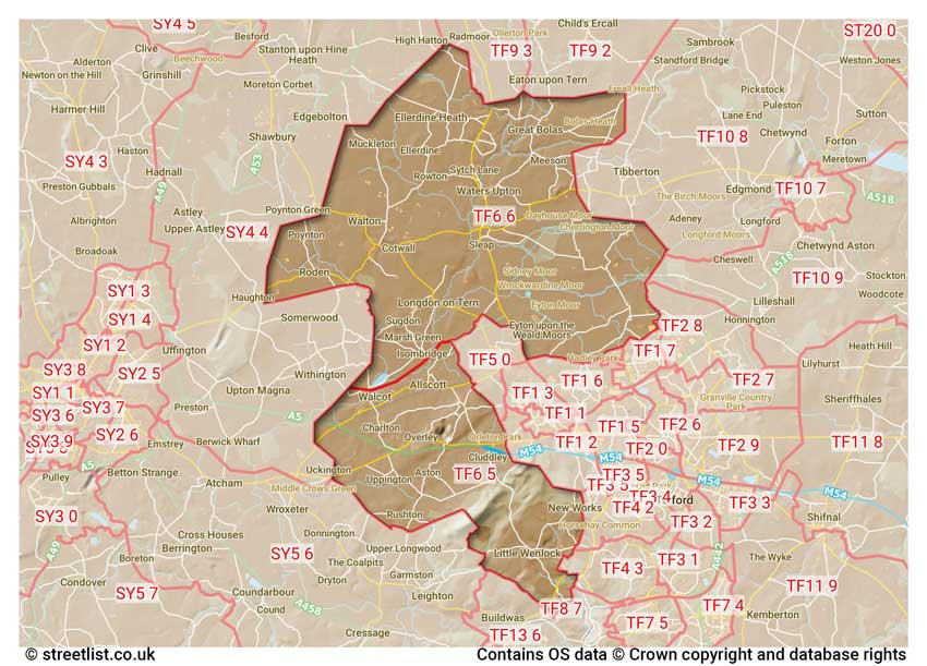 map showing postcode sectors within the TF6 district