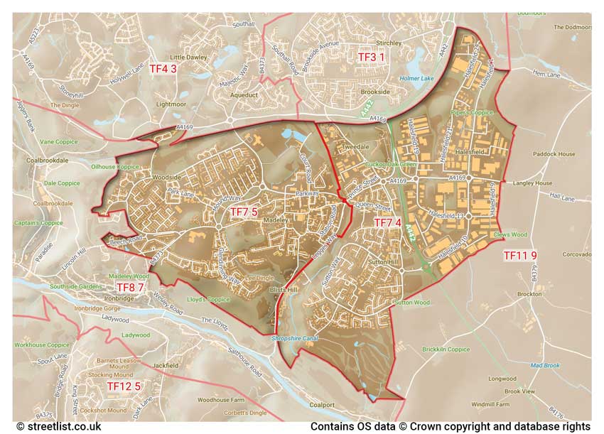 map showing postcode sectors within the TF7 district