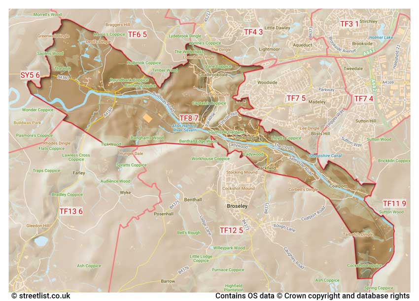 map showing postcode sectors within the TF8 district