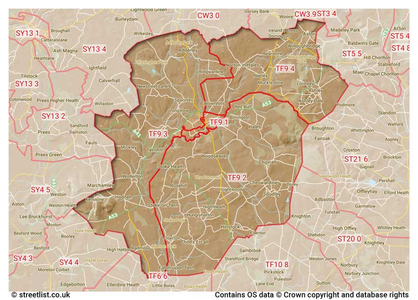 map showing postcode sectors within the TF9 district