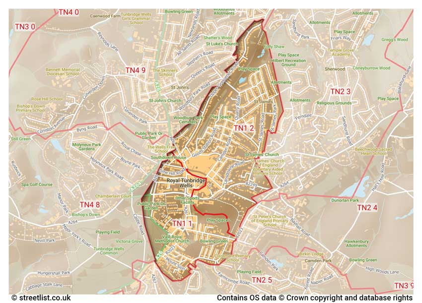 map showing postcode sectors within the TN1 district