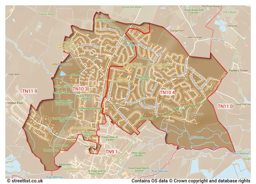 map showing postcode sectors within the TN10 district