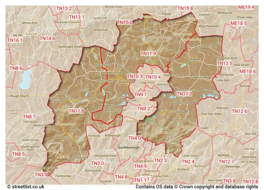 map showing postcode sectors within the TN11 district