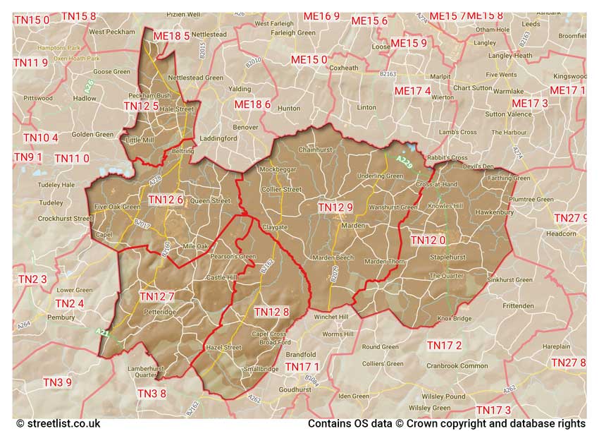 map showing postcode sectors within the TN12 district