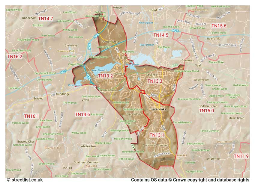 map showing postcode sectors within the TN13 district