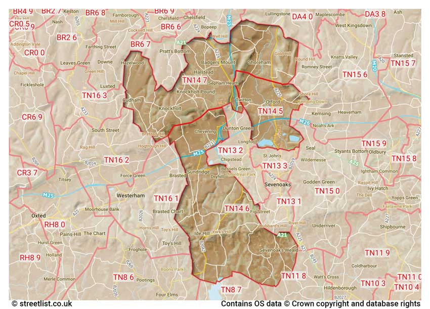 map showing postcode sectors within the TN14 district