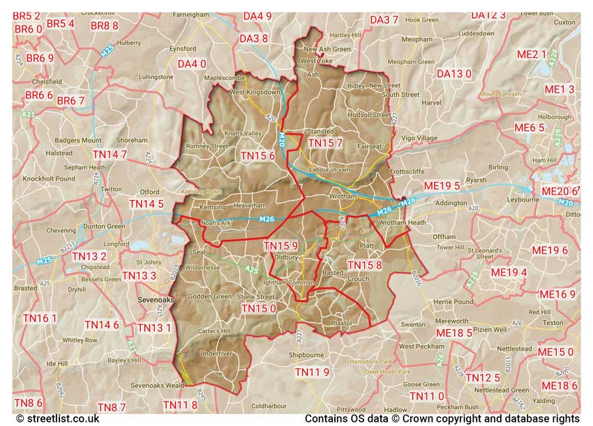 map showing postcode sectors within the TN15 district