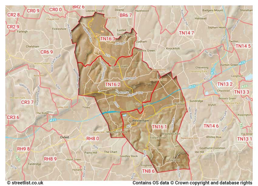 map showing postcode sectors within the TN16 district