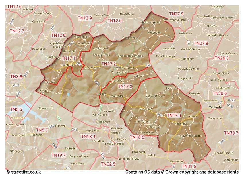 map showing postcode sectors within the TN17 district