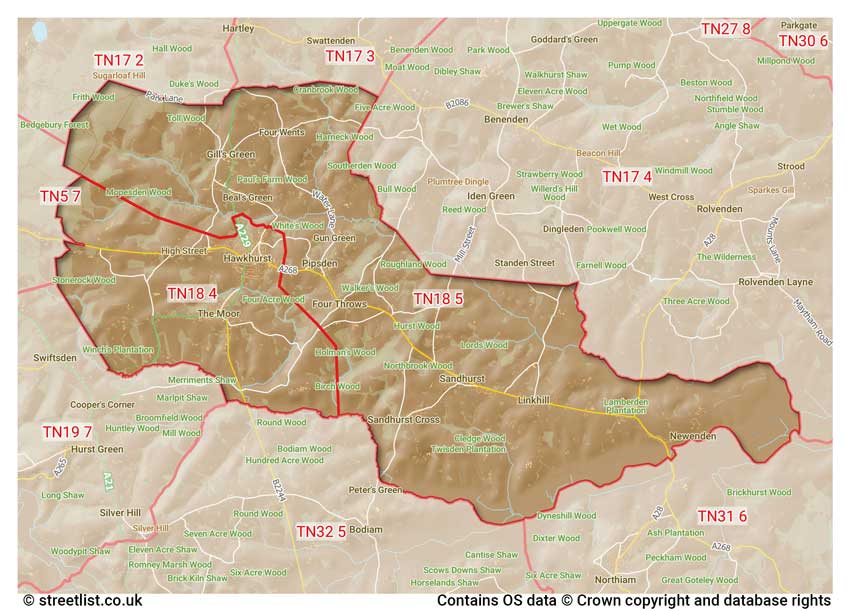 map showing postcode sectors within the TN18 district