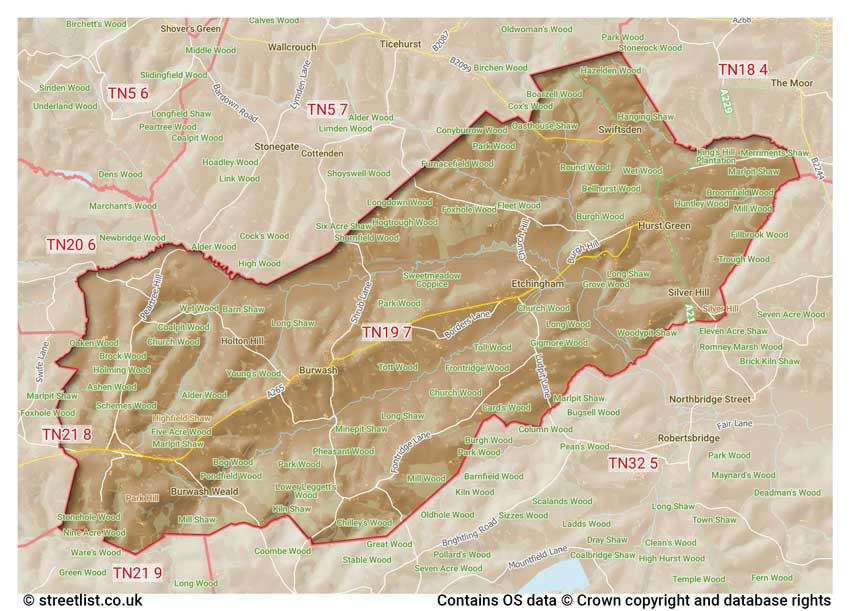 map showing postcode sectors within the TN19 district