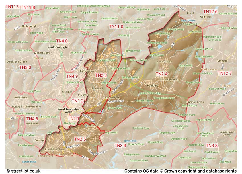 map showing postcode sectors within the TN2 district