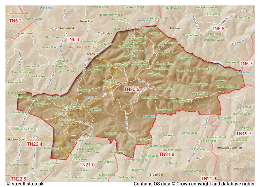 map showing postcode sectors within the TN20 district