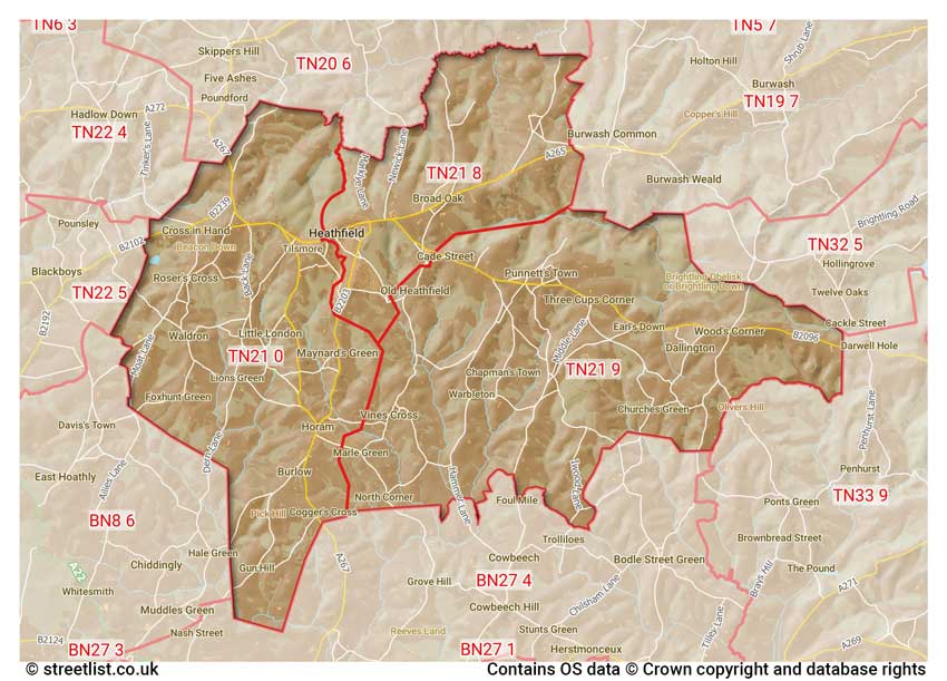 map showing postcode sectors within the TN21 district