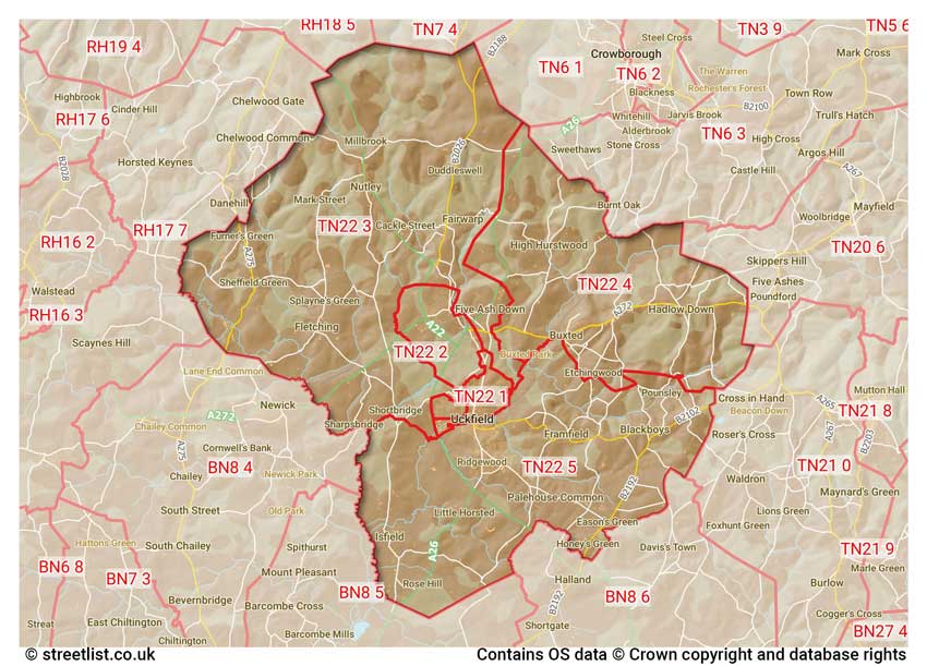 map showing postcode sectors within the TN22 district