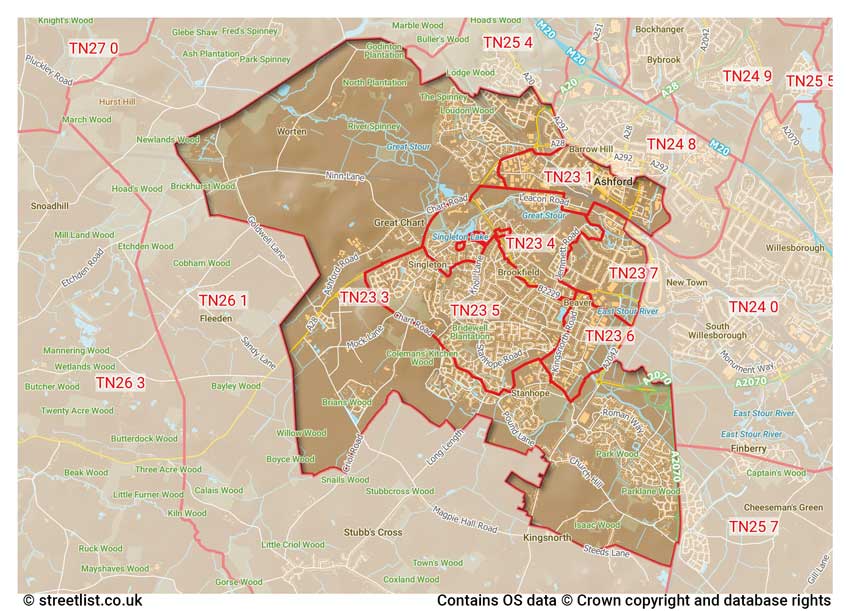 map showing postcode sectors within the TN23 district