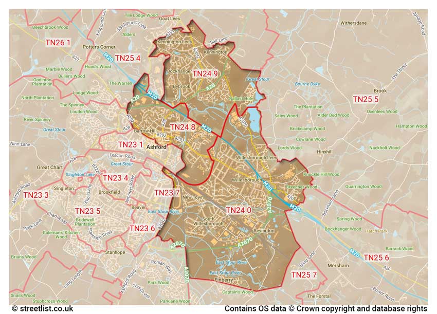 map showing postcode sectors within the TN24 district