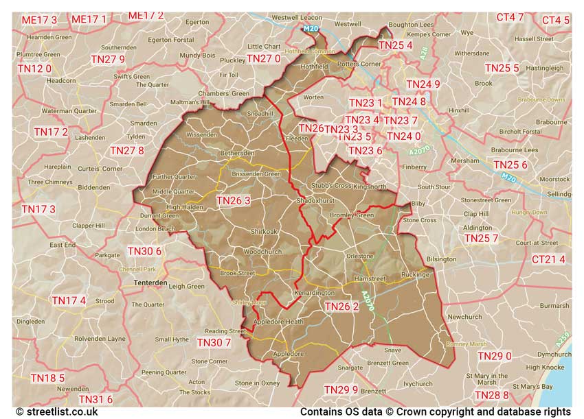 map showing postcode sectors within the TN26 district