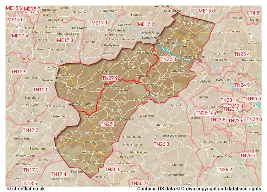 map showing postcode sectors within the TN27 district