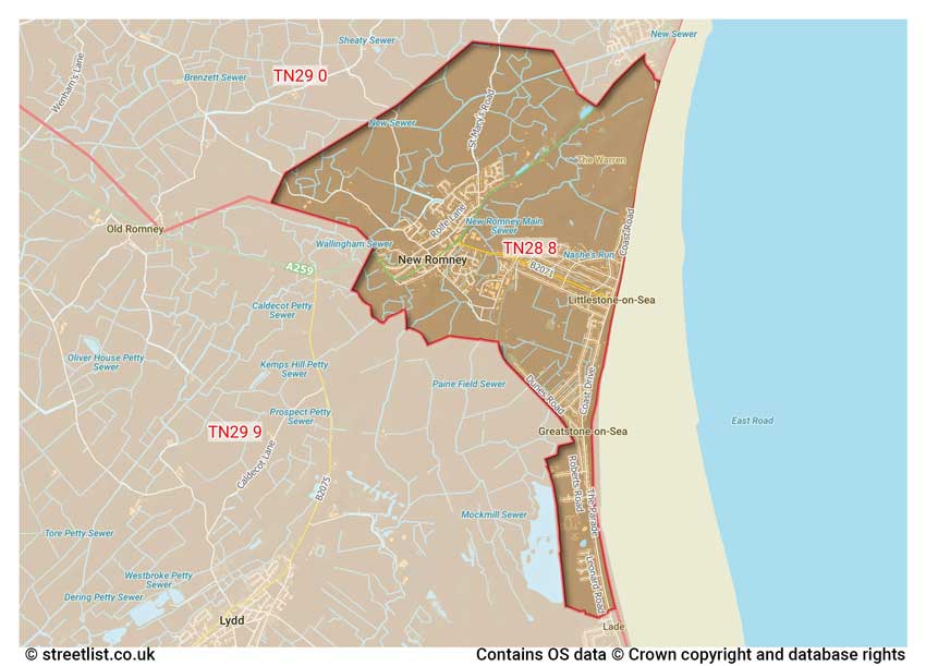 map showing postcode sectors within the TN28 district