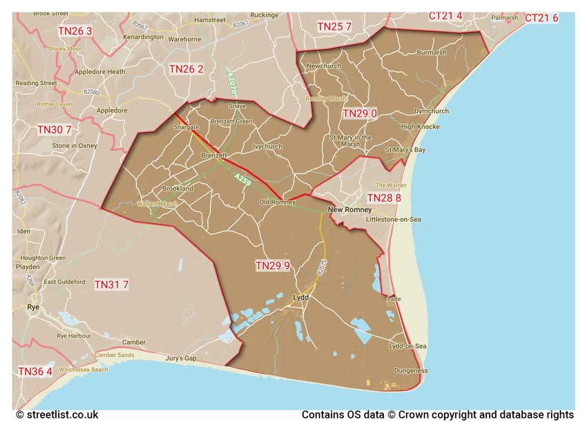 map showing postcode sectors within the TN29 district