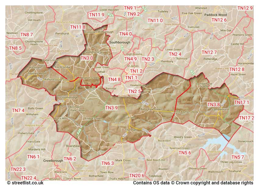 map showing postcode sectors within the TN3 district