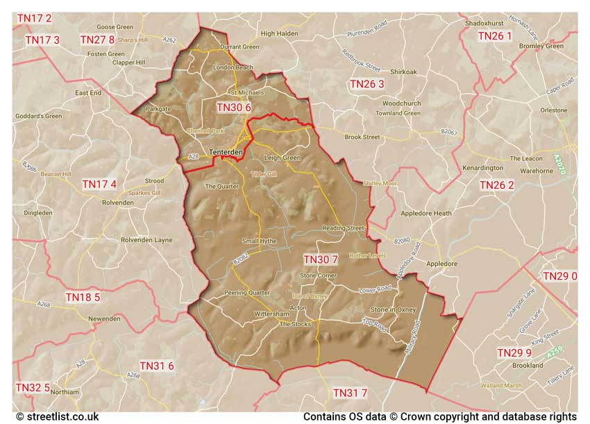 map showing postcode sectors within the TN30 district