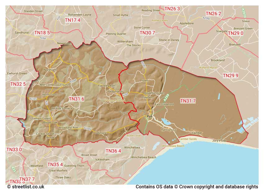 map showing postcode sectors within the TN31 district