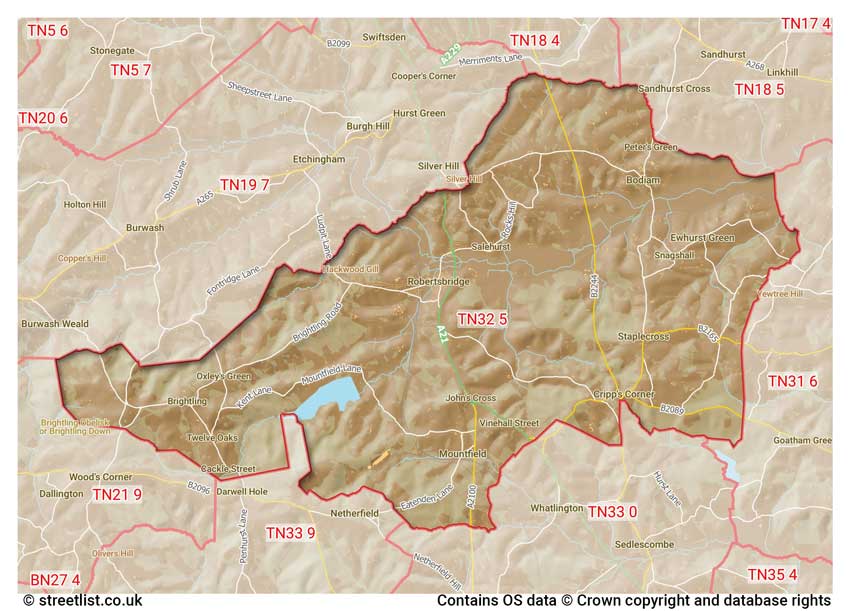 map showing postcode sectors within the TN32 district