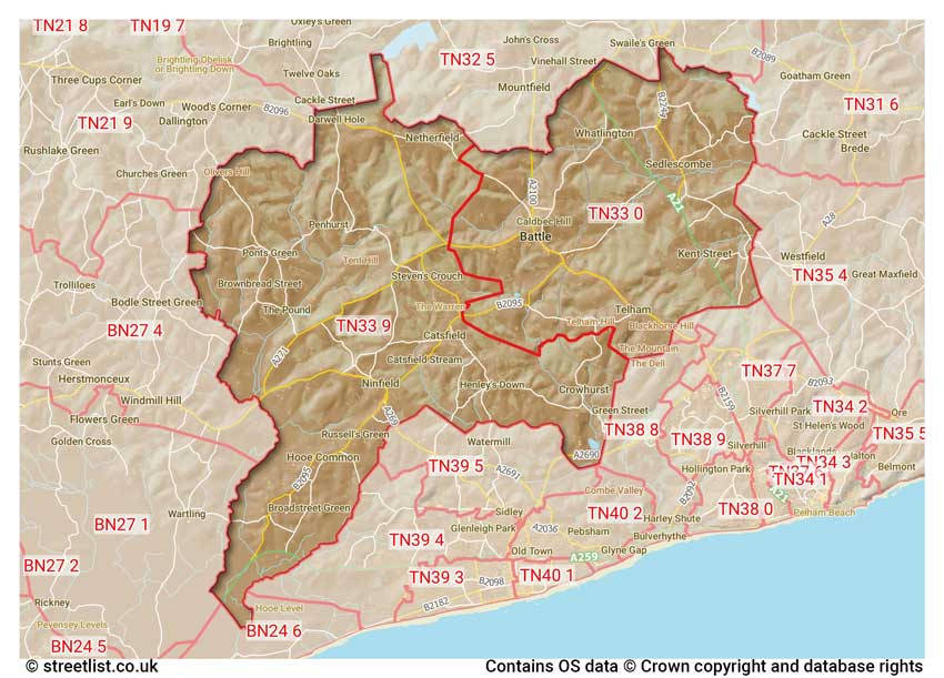 map showing postcode sectors within the TN33 district