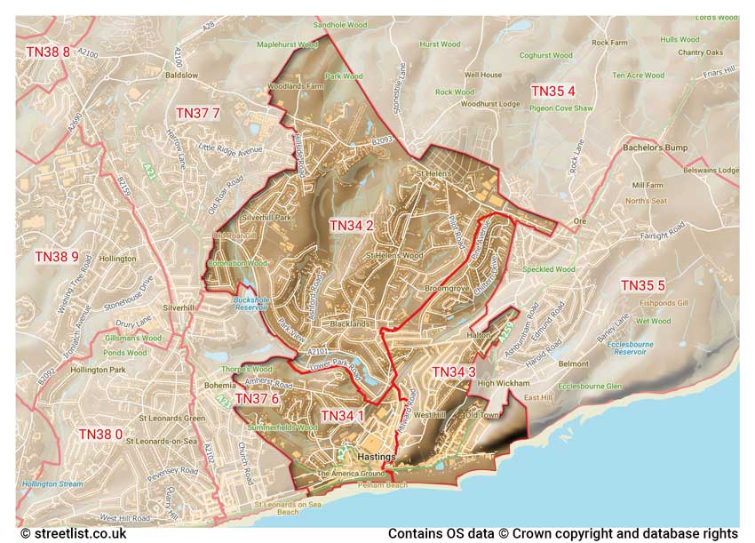 map showing postcode sectors within the TN34 district