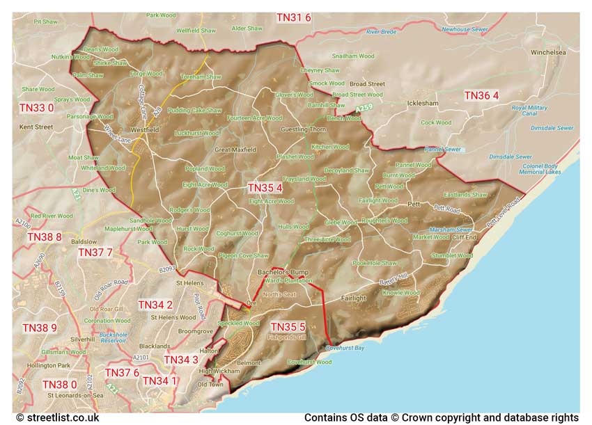 map showing postcode sectors within the TN35 district