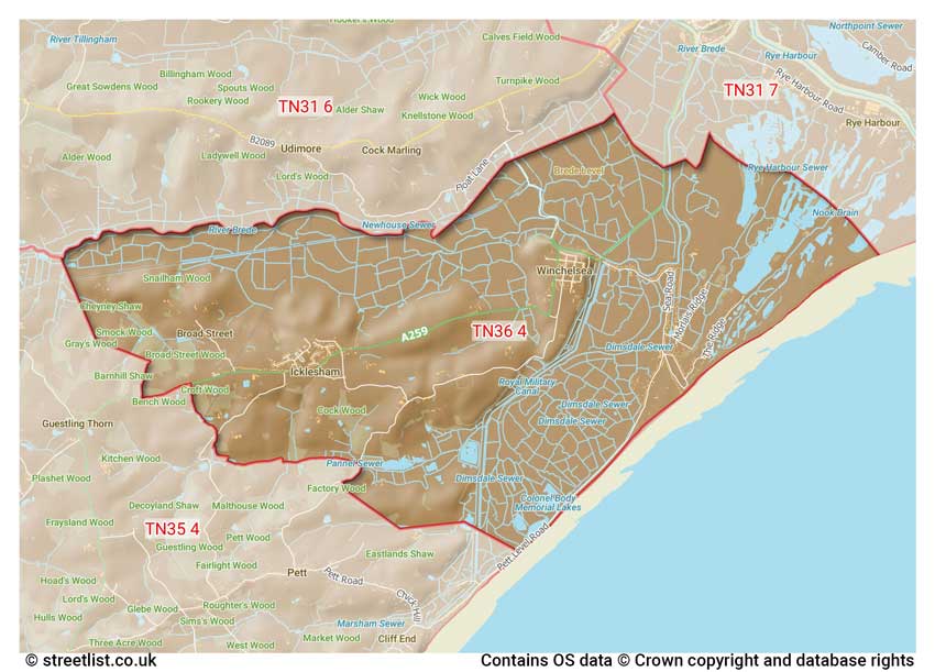 map showing postcode sectors within the TN36 district