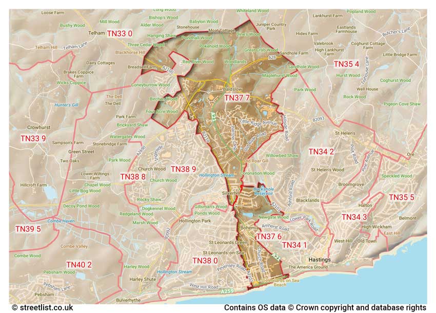 map showing postcode sectors within the TN37 district