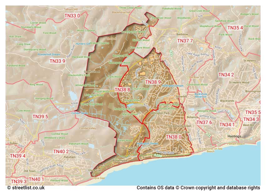 map showing postcode sectors within the TN38 district