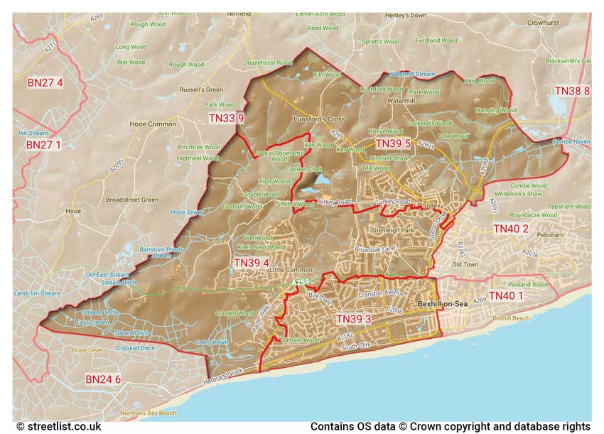 map showing postcode sectors within the TN39 district