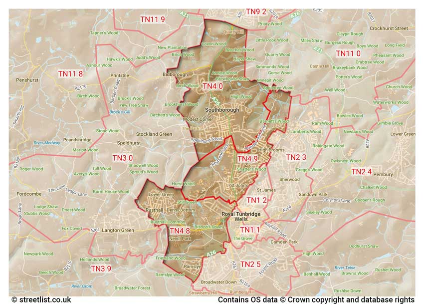 map showing postcode sectors within the TN4 district