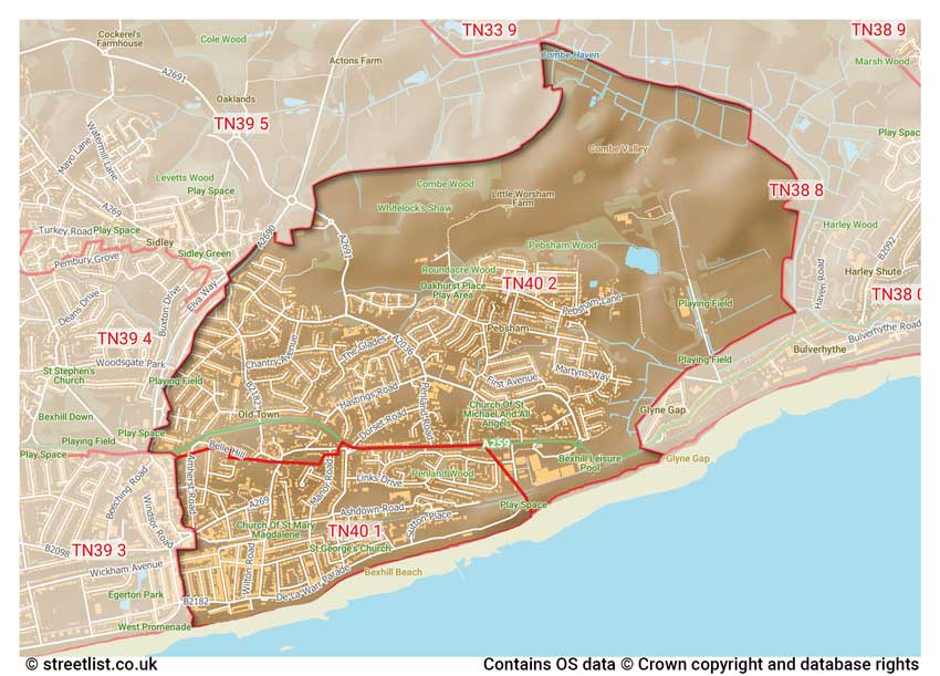 map showing postcode sectors within the TN40 district