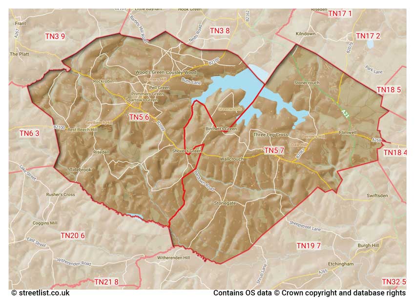 map showing postcode sectors within the TN5 district