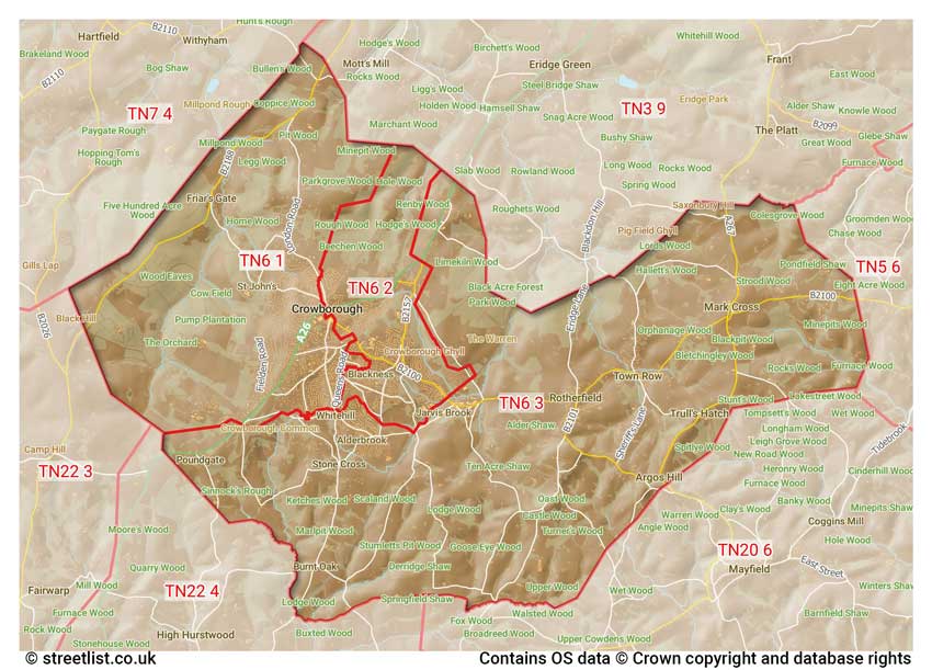 map showing postcode sectors within the TN6 district