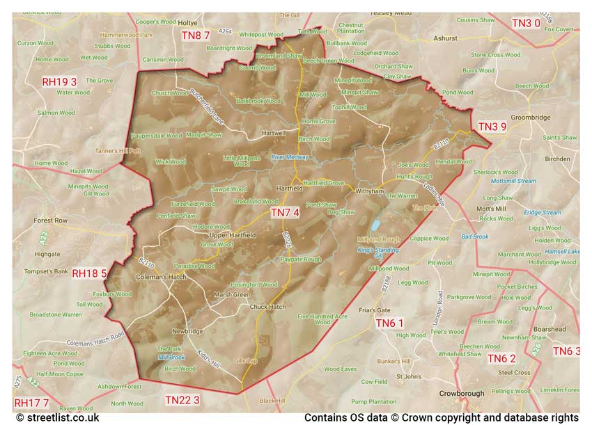 map showing postcode sectors within the TN7 district