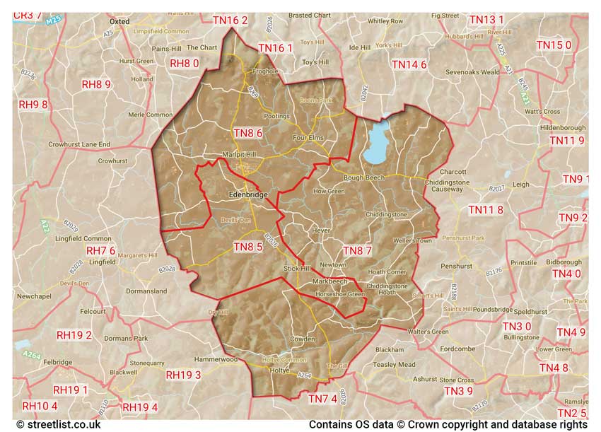 map showing postcode sectors within the TN8 district