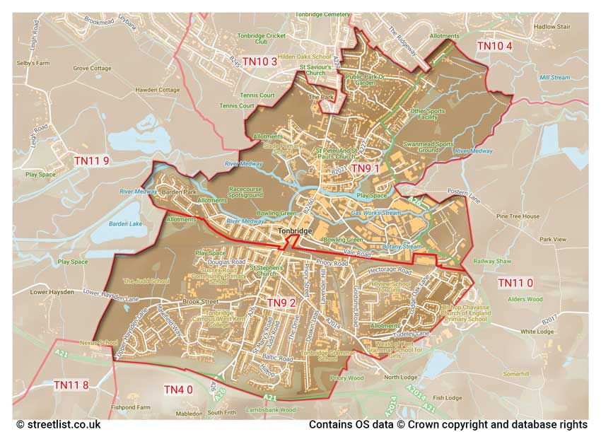 map showing postcode sectors within the TN9 district