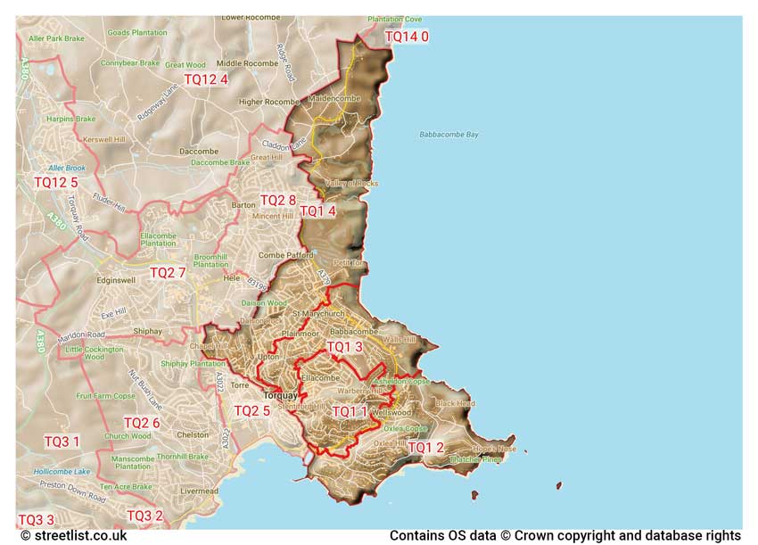 map showing postcode sectors within the TQ1 district